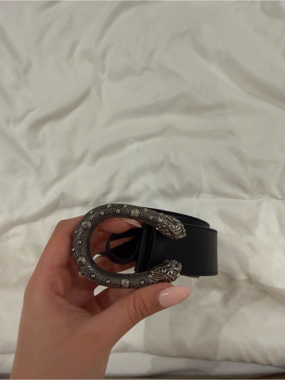 Gucci Black Leather Belt with Ornate Silver Dragon Buckle